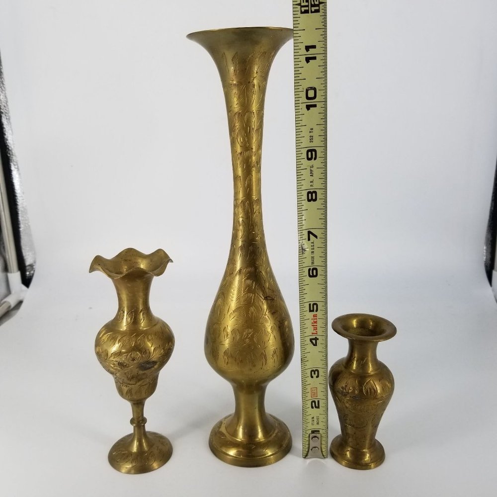 Vintage Brass Vase Flower Floral Three Etched India Home Decor 11.50" to 4.50" - Picture 11 of 11